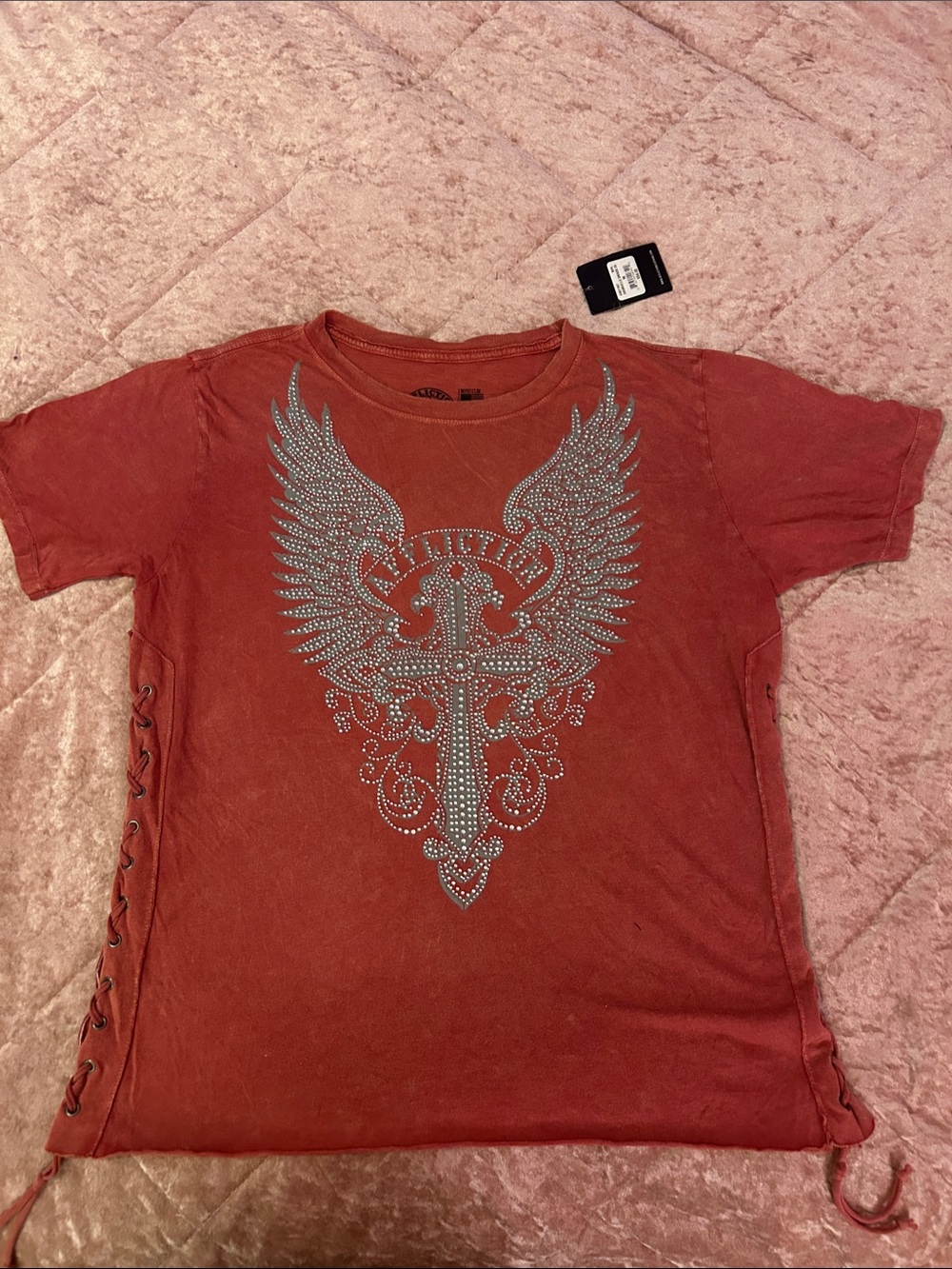 Men's Stud-Embellished Winged Cross Short-Sleeve Shirt - Rust